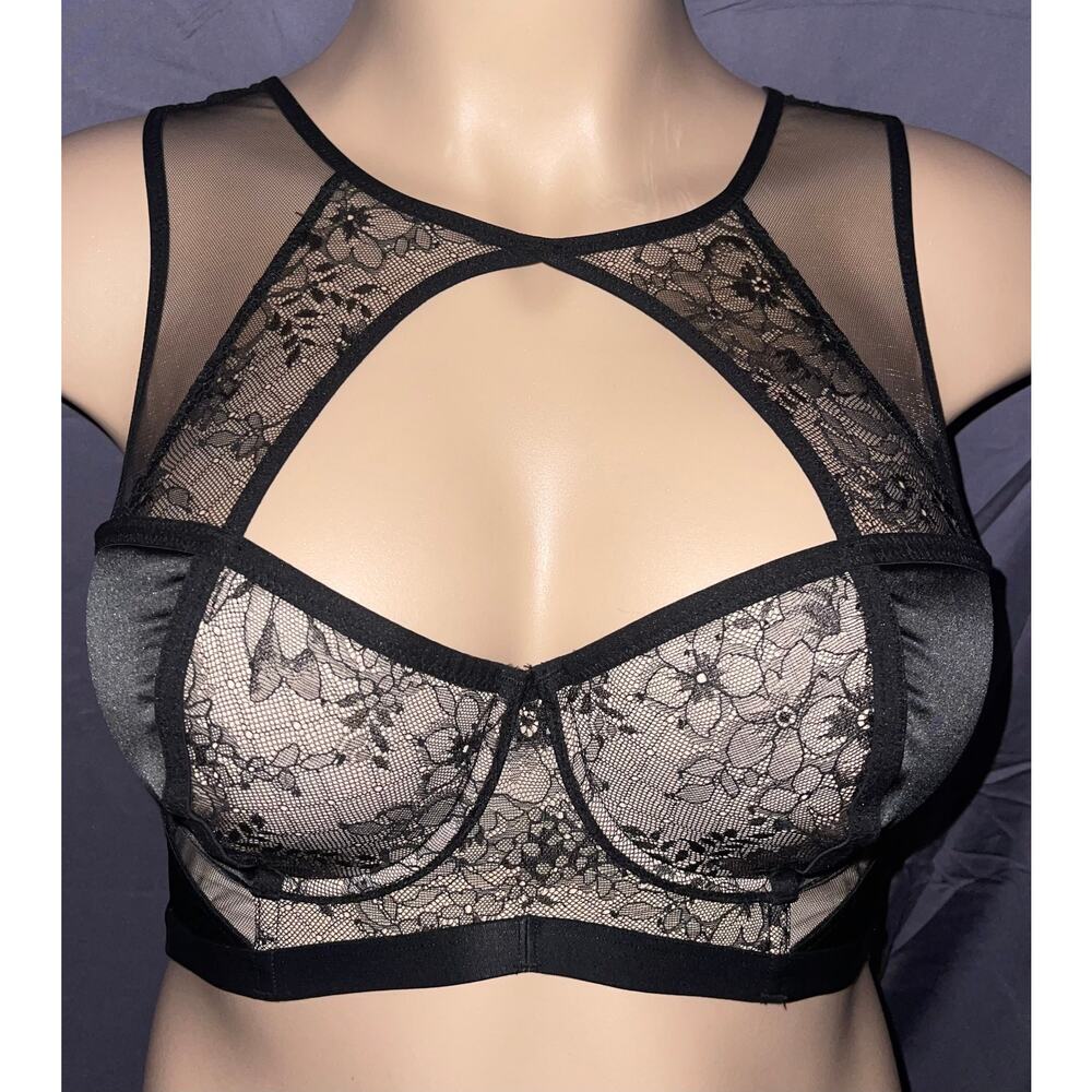 34B BLACK & TAN LACE LONGLINE VICTORIA'S SECRET LINED BALCONETTE BRA